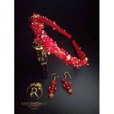 Radi handmade Дамска диадема за коса с обици с червени кристали и златисти елементи (546)
