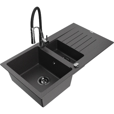 Mexen Matias гранитна мивка 1, 5-коморна с плочи и кухненски смесител Aster, черен на пръски - 6502-76-73450-07-B (6502-76-73450-07-B)