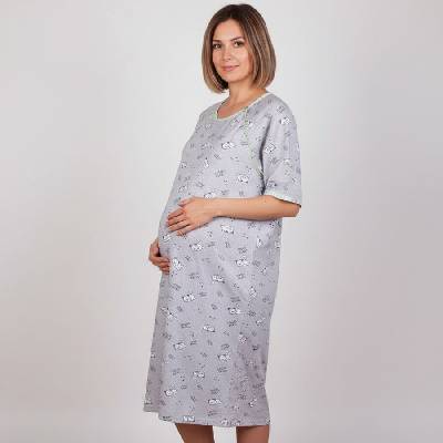 Макси нощница за кърмачки в сиво с котета и зелен кариран кант