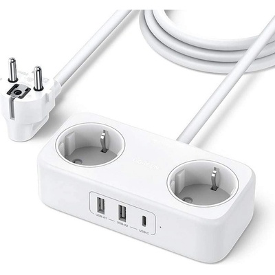 UGREEN Diginest Wall Power Strip With USB-C Hub 30W - разклонител с 3 изхода и вградени 3 USB-A и 1 USB-C изхода за мобилни устройства (бял)