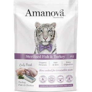 Amanova cat pouch p12 sterilised fish turkey - пауч за кастрирани котки от всички породи, с Риба и пуешко - 85 гр, Испания - 33581