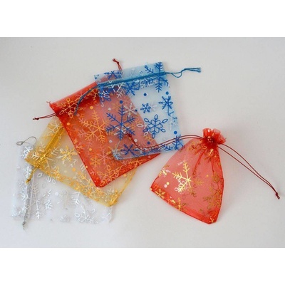 Vánoční pytlík organza s vločkami 9 x 12 cm ČERVENÝ