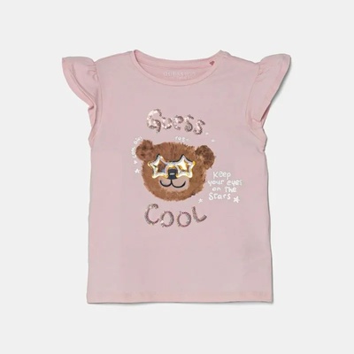 GUESS Розова тениска за мини момиче с мече, пайети и детайли Guess