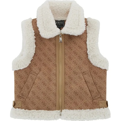 Guess Стилен кафяв елек с лога Guess за момиче с каракулени детайли и цип
