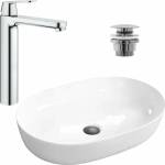 GROHE Комплект за умивалник за плот Rea Cleo бял 61 см, смесител за умивалник Grohe Eurosmart Cosmopolitan XL хром и кран за умивалник Click-Clack хром (5902557340446+23921000+5902557344925)