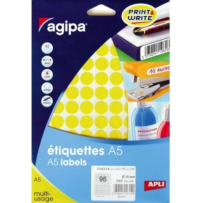 Etikety kruhové 15mm Agipa A5 žlté AG114314