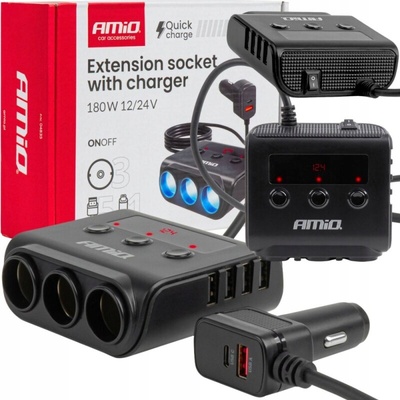 AMiO Rozbočovač do zapaľovača 4xUSB QC3.0 PD180W