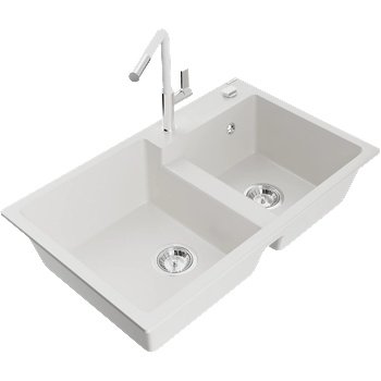 Mexen Tomas гранитна кухненска мивка с 2 отделения и кухненски смесител Flora, (6516-20-670401-02)