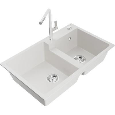 Mexen Tomas гранитна кухненска мивка с 2 отделения и кухненски смесител Flora, (6516-20-670401-02)