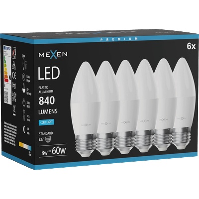 Mexen Nova 6x LED крушка E27, C37, 8W, Студена - 6500K, 840 lm - L102-E27-0865-01x06 (L102-E27-0865-01x06)