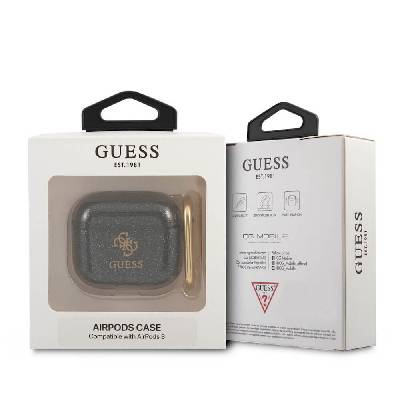 Силиконов калъф с карабинер за Apple Airpods 3 - Guess AirPods 3 Silicone Transparent Glitter Case (черен) (GUA3UCG4GK)