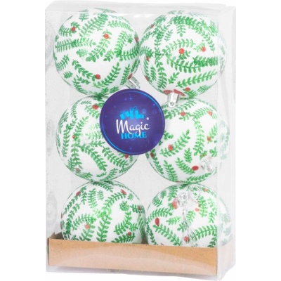 MagicHome Vánoční koule, 6 ks, bílé s třpytivou ozdobou, matné, s dekorem, na vánoční stromek, 8 cm