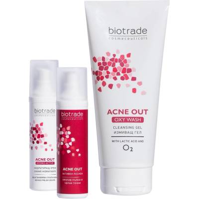 Biotrade Acne Out Комплект - Измивен гел, Активен лосион против пъпки и Хидратиращ крем, 200 + 2 х 60 ml