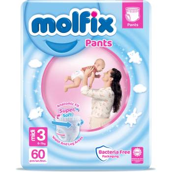 Molfix Бебешки пелени гащи Molfix - Midi 3, 60 броя + Подарък мокри кърпи (7674)