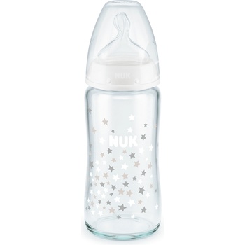 Nuk Стъклено шише със силиконов биберон NUK - First Choice, TC, 240 ml, 0-6 месеца, Бяло (10745121-Бял)