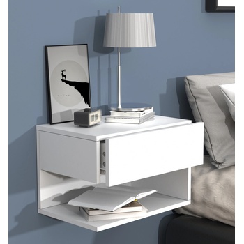 VCM drevená zásuvková nočná skrinka nástenná polica zásuvková konzola nočný stolík Usal XL 45 cm biela