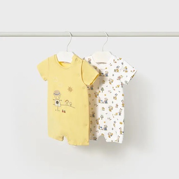 Mayoral Сет 2 гащеризона къси в жълто и бяло с цветни апликации за бебе момче Майорал
