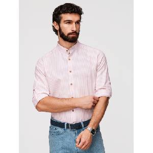 Ombre Clothing Мъжка раирана ленена риза със стойче - бяла и розова V3 OM-SHCS-0189 Ombre Clothing Ombre Clothing | Rozov | МЪЖЕ | S