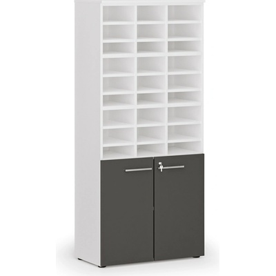 PRIMO Třídící regál s dveřmi WHITE, 800 x 420 x 1781 mm, 27 přihrádek, bílá / grafitová
