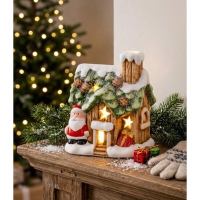MagicHome Dekorace Vánoce domeček se Santou LED terakota 10x8,3x12,2 cm