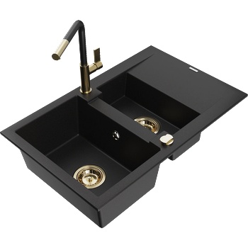 Mexen Gaspar гранитна мивка с 1, 5 камери с отцедник и кухненски смесител Flora, черен - 6507-77-670401-57-G (6507-77-670401-57-G)