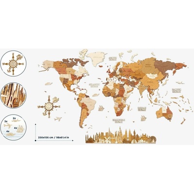 Nástenná drevená mapa sveta XXL - Explorer - 250 x 156 cm