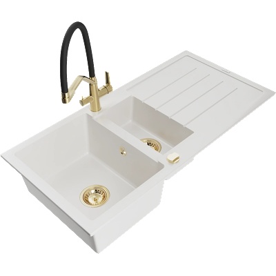 Mexen Andres гранитна мивка 1, 5-камерна с отцедник и кухненски смесител Duo, бяла - 6515-20-671701-57-G (6515-20-671701-57-G)