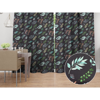 Biante Bavlnený záves Sandra SA-556 Vetvičky s lístkami na čiernom 150x170 cm