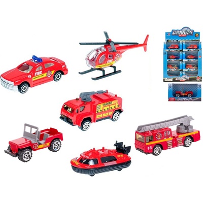 Mikro trading Vozidlo hasičské 7-8cm kov 1:64 volný chod 6druhů v krabičce 24ks v DBX