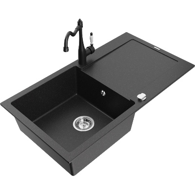 Mexen Leo гранитна мивка 1-камерна с дренаж и кухненски смесител Carla, черен/сребърен металик - 6501-73-670700-70 (6501-73-670700-70)