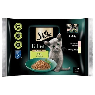 SHEBA Kitten Výber príchutí v omáčke krmivo s lososom a kuracím mäsom pre mačiatka 4 x 85 g