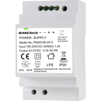 Basetech PSDD-60-24-2 sieťový zdroj na montážnu lištu (DIN lištu), 24 V, 2.5 A, 60 W, výstupy 2 x
