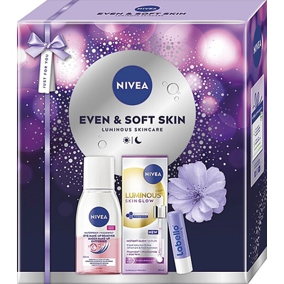 Nivea Even&Soft Luminous630 Skin Glow sérum 30 ml + Dvoufázový odličovač očí a make-upu 125 ml + Labello Over Night Care pečující balzám na rty 4,8 g – Hledejceny.cz