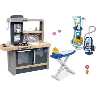 Smoby Set kuchynka elektronická s nastaviteľnou výškou Tefal Evolutive a upratovací vozík so žehliacou doskou a žehličkou