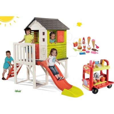 Smoby set domček na pilieroch Pilings House s 1,5 m šmykľavkou a zmrzlinársky vozík s hamburgermi 810800-15