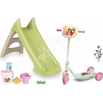 Smoby Set šmykľavka s vodnou hrou a trojkolesová kolobežka Princezné XS Slide Green Life dĺžka šmyku 90 cm a vedro set Disney