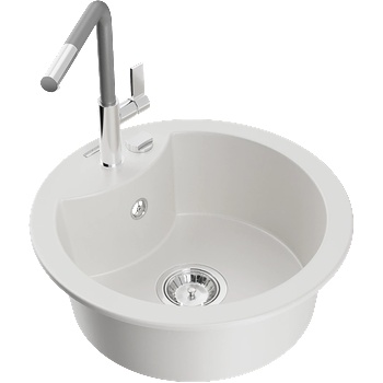 Mexen Diego гранитна мивка с 1 отделение и кухненски смесител Flora, бял - 6512-20-670401-06 (6512-20-670401-06)