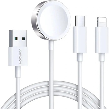 JOYROOM 3в1 кабел Joyroom S-IW008, USB-A към магнитно зарядно устройство / Lightning / USB-C, 1.2m, бял (S-IW008 White)