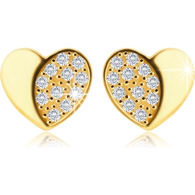 Šperky Eshop zlaté náušnice symetrické srdce s lesklou a zirkonovou polovinou S2GG225.38
