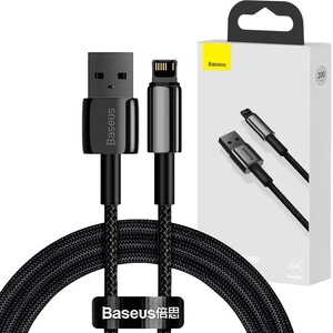 Baseus - Кабел за данни Tungsten Gold (CALWJ-A01) - USB-A към Lightning, 2.4A, 480Mbps, 20W, 2m - Черен