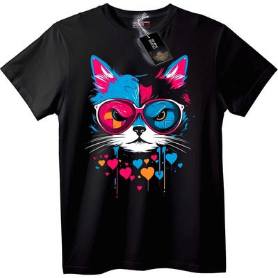 NOONEBRAND Тениска Шарено Коте Сърце Капка - L, Black