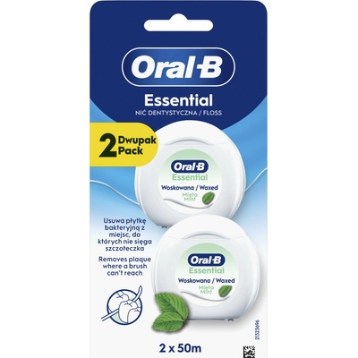 Oral-B Essential Floss Mint voskovaná dentálna niť s mätovou príchuťou 2 x 50 m