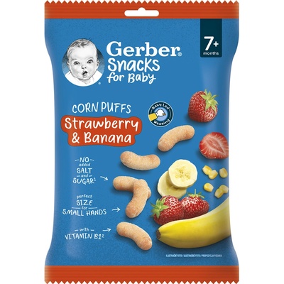 GERBER Snacks kukuřičné křupky jahoda a banán 7+ 28 g
