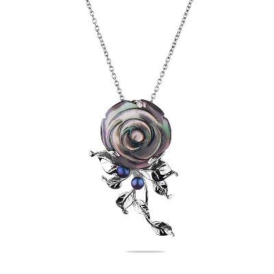 Сребърно колие с висулка роза от черен седеф и черин перли ROSE5N Swan