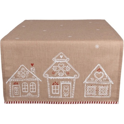 Clayre & Eef Hnedý behúň s perníkovými chalúpkami Gingerbread Bliss 50x140 cm