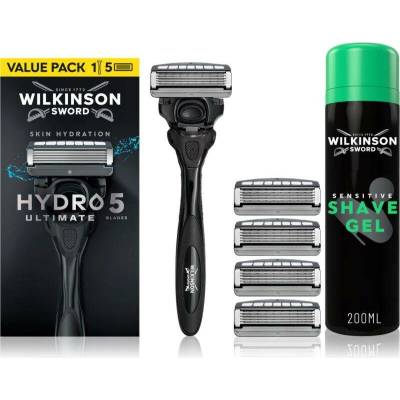 Wilkinson Sword Hydro5 Ultimate holiaci strojček + náhradné hlavice 5 ks + Wilkinson Sword Sensitive Shave Gel 200 ml