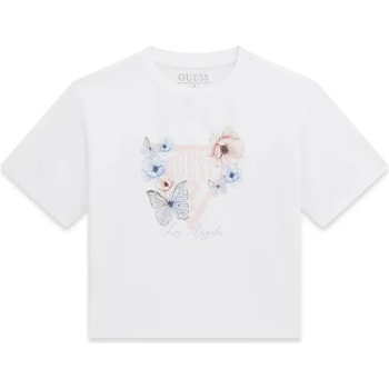 GUESS Бяла тениска за момиче с розово лого и цветя Guess