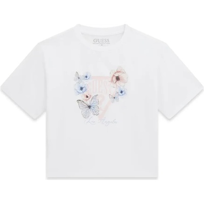 GUESS Бяла тениска за момиче с розово лого и цветя Guess