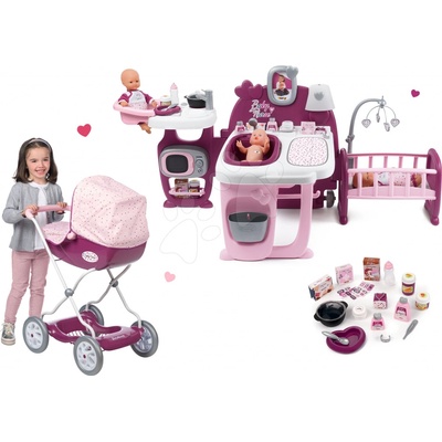 Smoby Set domček pre bábiku Violette Baby Nurse Large Doll's Play Center a kočík hlboký veľký Violette pre 42 cm bábiku