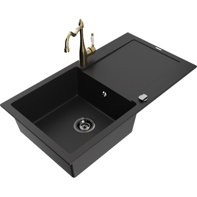 Mexen Leo гранитна мивка с 1 отделение и сушилник и кухненски смесител Carla, черен - 6501-77-670700-50-B (6501-77-670700-50-B)